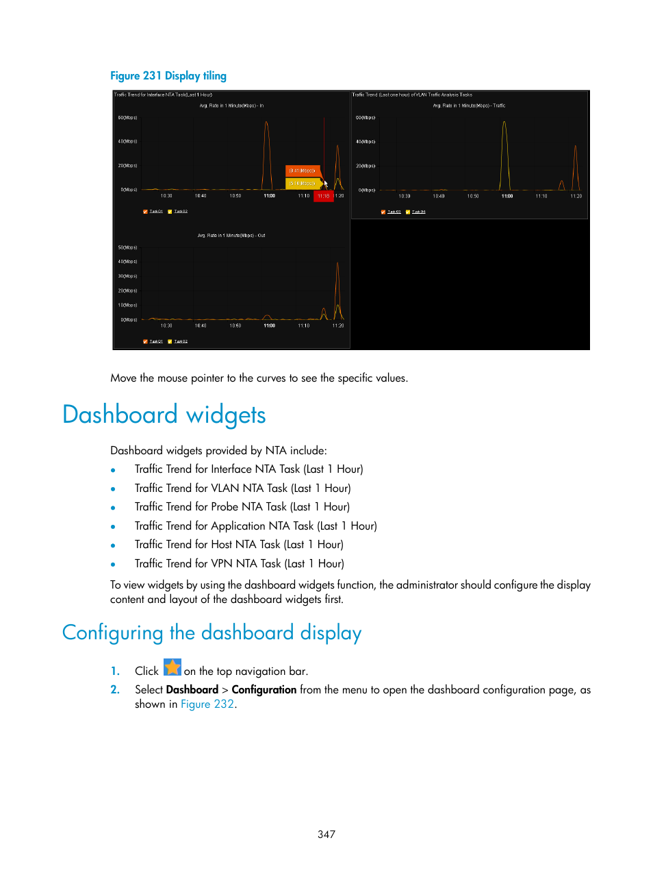 Dashboard widgets, Configuring the dashboard display, Figure 231 | H3C Technologies H3C Intelligent Management Center User Manual | Page 357 / 371