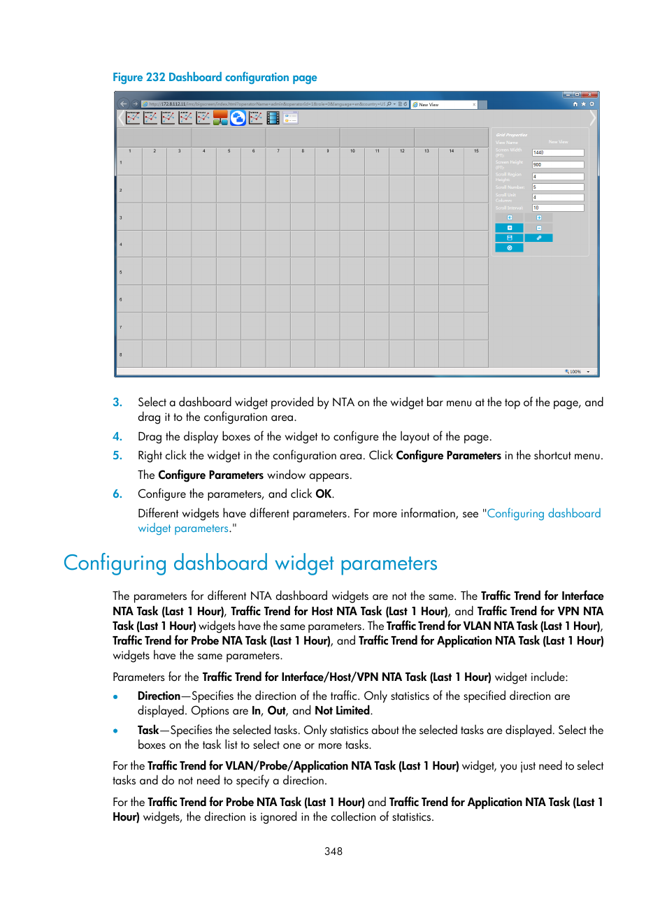 Configuring dashboard widget parameters | H3C Technologies H3C Intelligent Management Center User Manual | Page 358 / 371