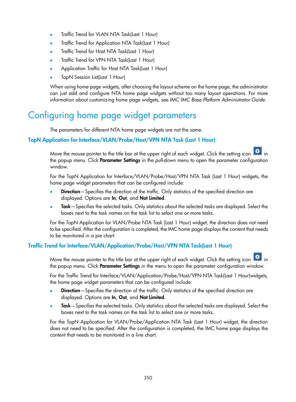 Configuring home page widget parameters | H3C Technologies H3C Intelligent Management Center User Manual | Page 360 / 371