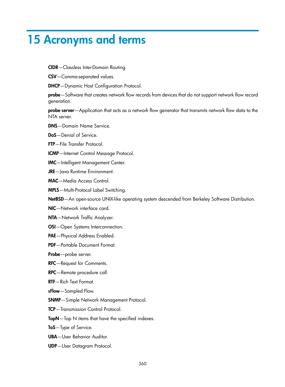 15 acronyms and terms | H3C Technologies H3C Intelligent Management Center User Manual | Page 370 / 371