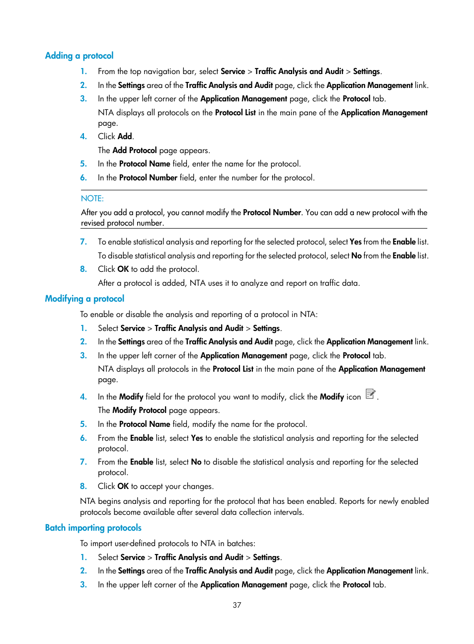 Adding a protocol, Modifying a protocol, Batch importing protocols | H3C Technologies H3C Intelligent Management Center User Manual | Page 47 / 371