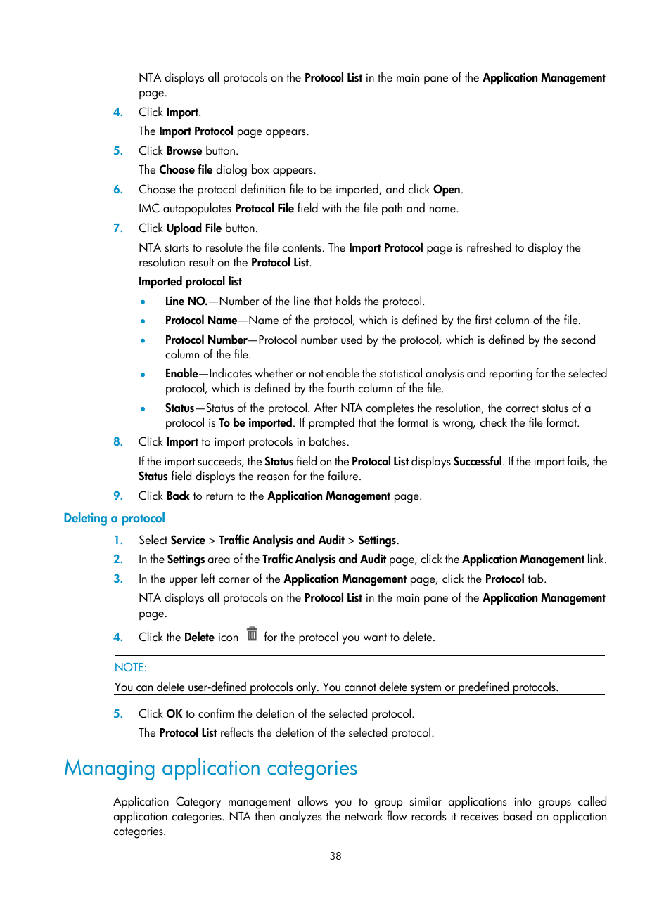 Deleting a protocol, Managing application categories | H3C Technologies H3C Intelligent Management Center User Manual | Page 48 / 371