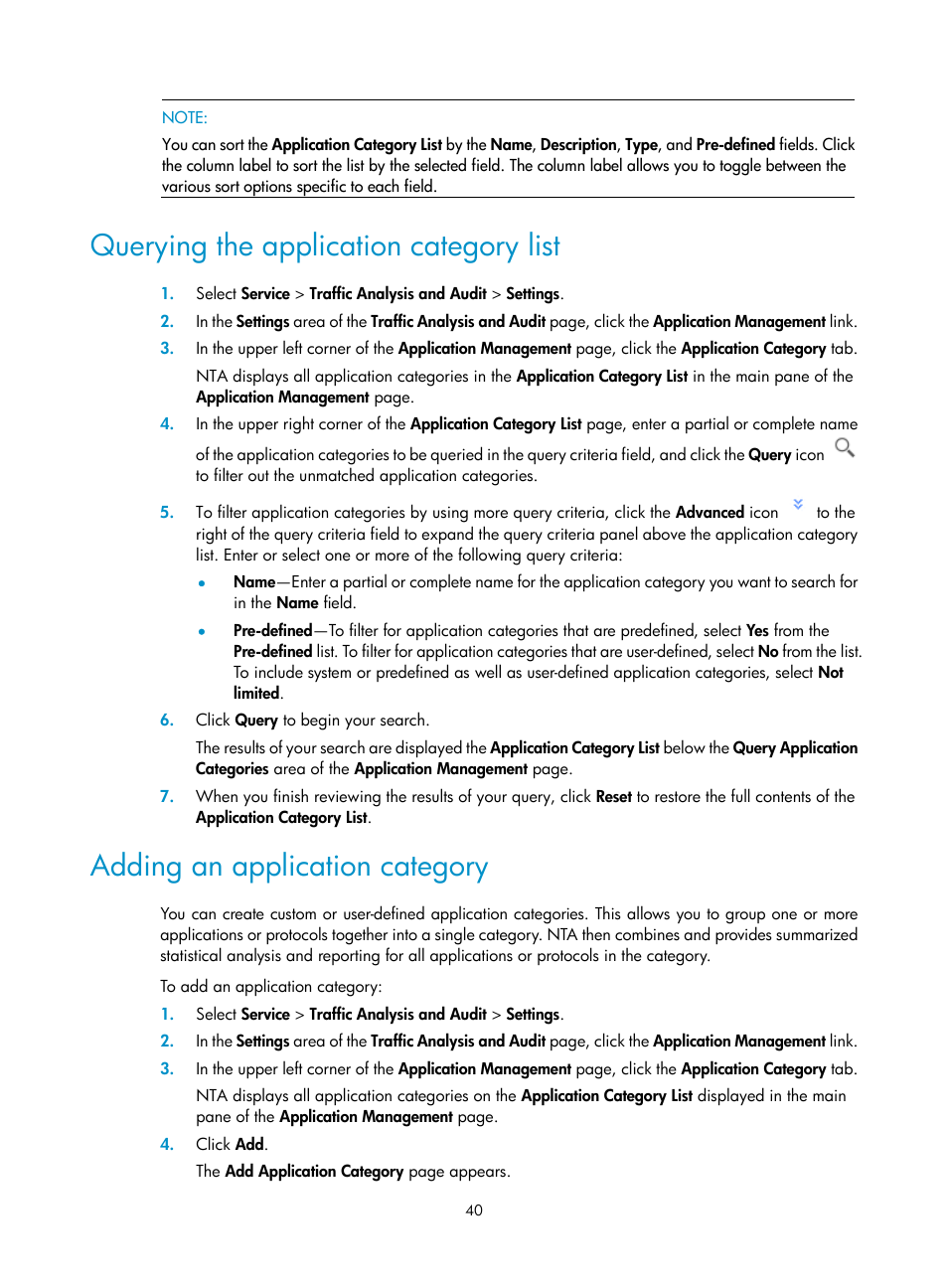 Querying the application category list, Adding an application category | H3C Technologies H3C Intelligent Management Center User Manual | Page 50 / 371