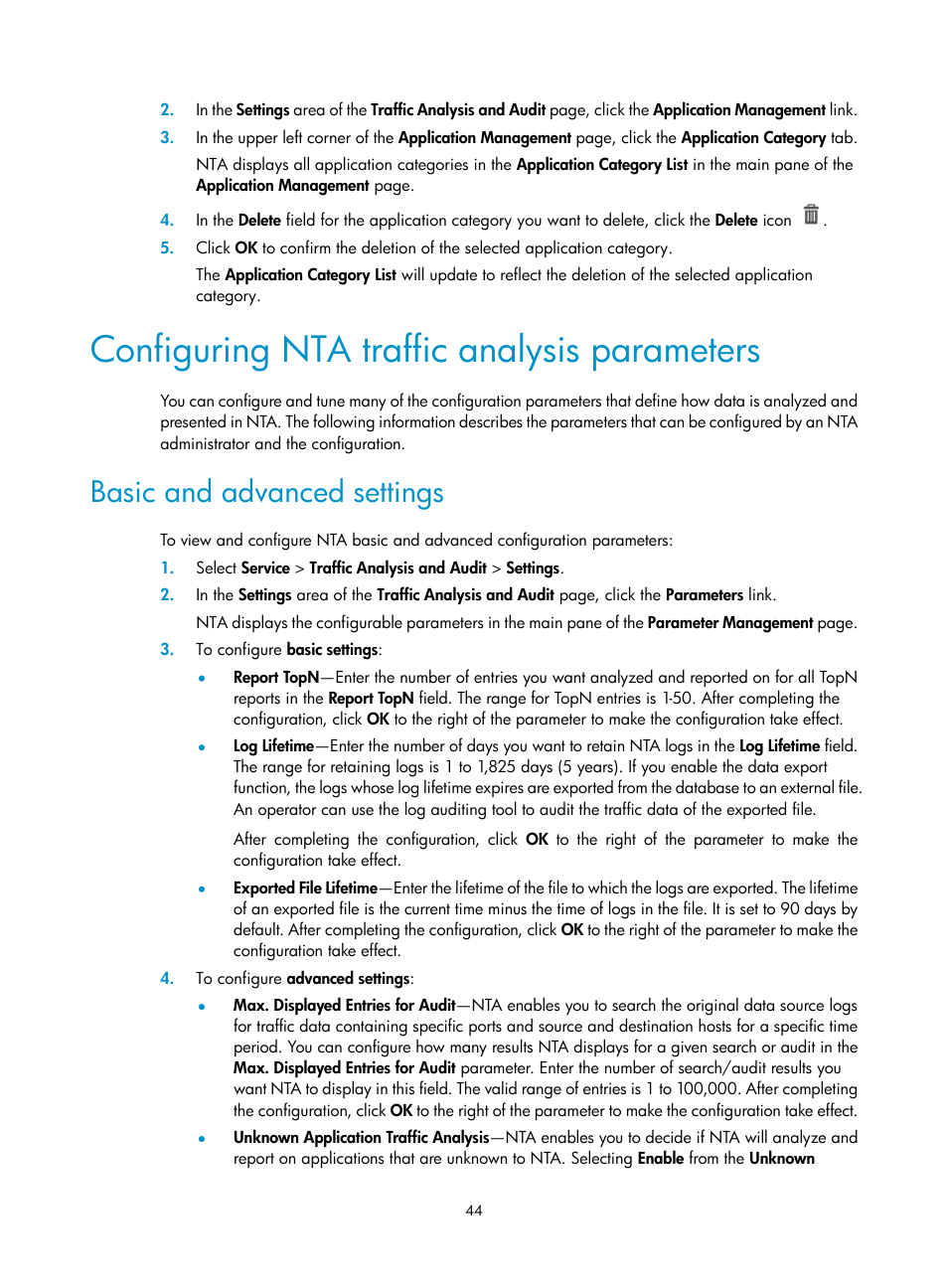 Configuring nta traffic analysis parameters, Basic and advanced settings | H3C Technologies H3C Intelligent Management Center User Manual | Page 54 / 371