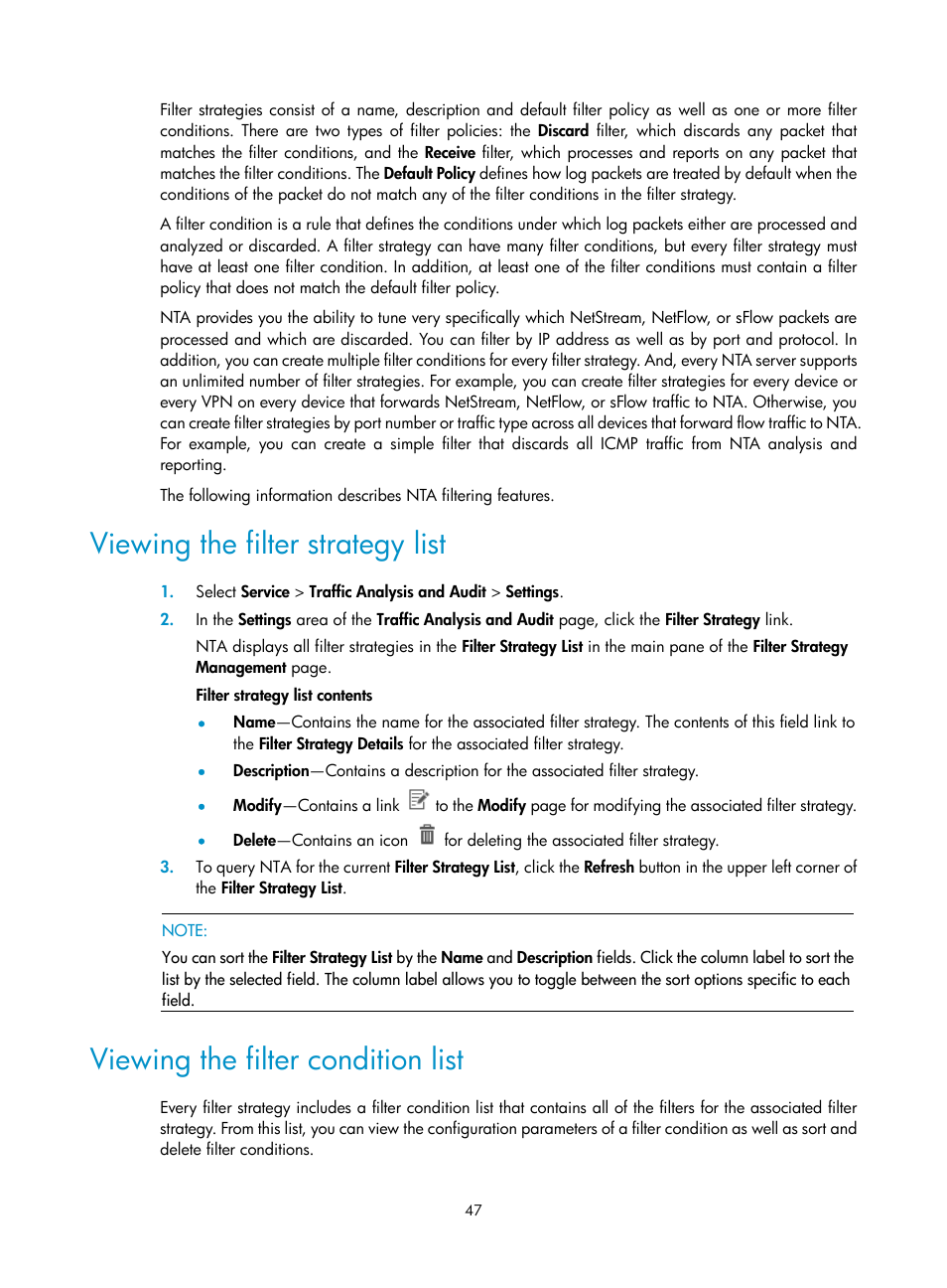 Viewing the filter strategy list, Viewing the filter condition list | H3C Technologies H3C Intelligent Management Center User Manual | Page 57 / 371