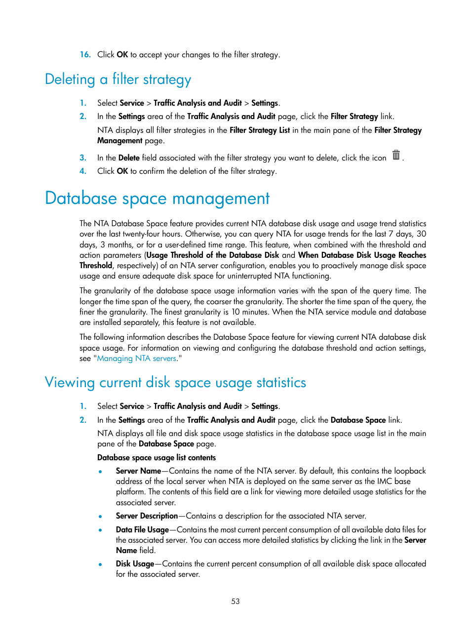 Deleting a filter strategy, Database space management, Viewing current disk space usage statistics | H3C Technologies H3C Intelligent Management Center User Manual | Page 63 / 371