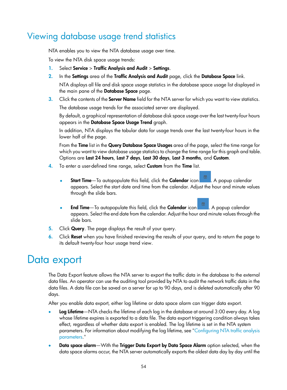 Viewing database usage trend statistics, Data export | H3C Technologies H3C Intelligent Management Center User Manual | Page 64 / 371