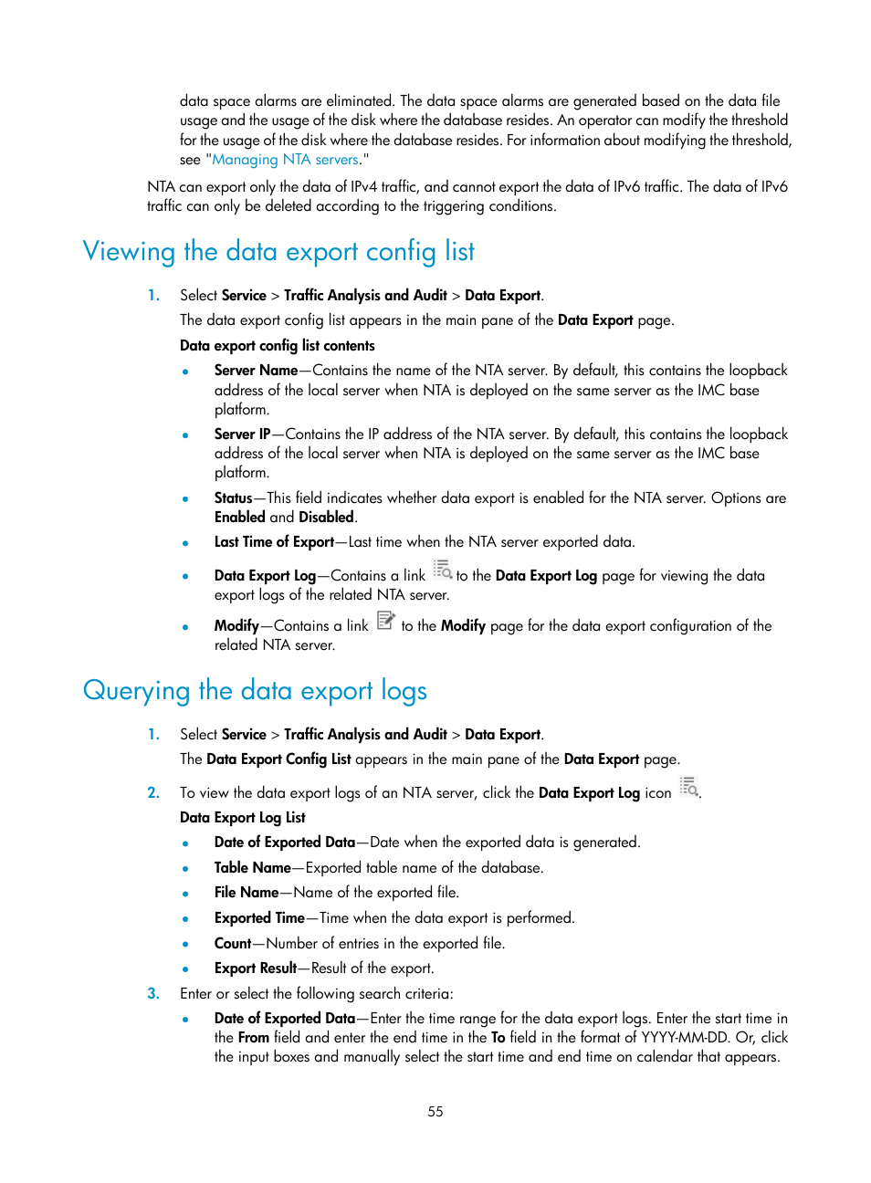 Viewing the data export config list, Querying the data export logs | H3C Technologies H3C Intelligent Management Center User Manual | Page 65 / 371