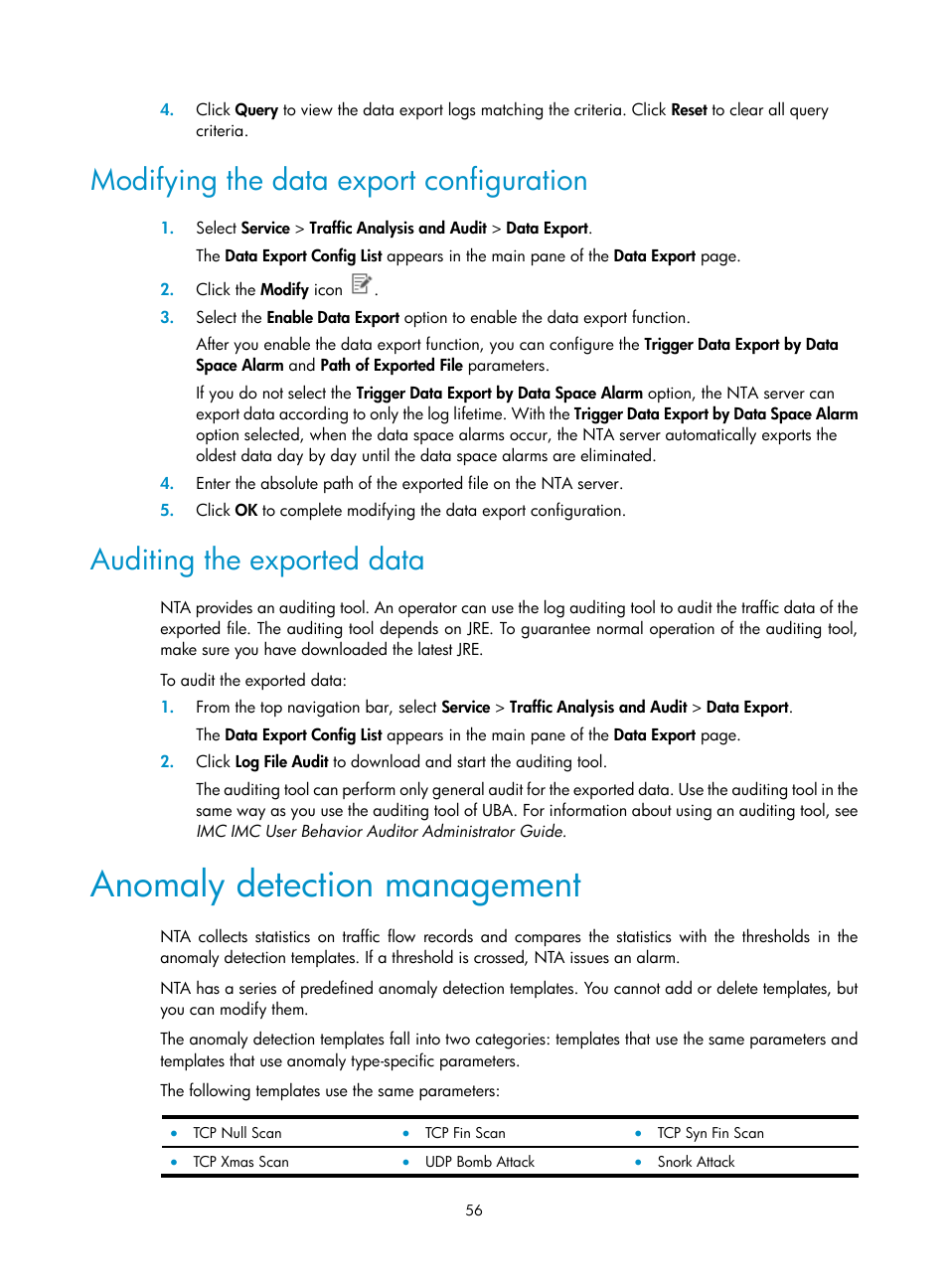 Modifying the data export configuration, Auditing the exported data, Anomaly detection management | H3C Technologies H3C Intelligent Management Center User Manual | Page 66 / 371