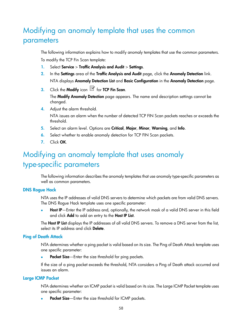 Dns rogue hack, Ping of death attack, Large icmp packet | H3C Technologies H3C Intelligent Management Center User Manual | Page 68 / 371