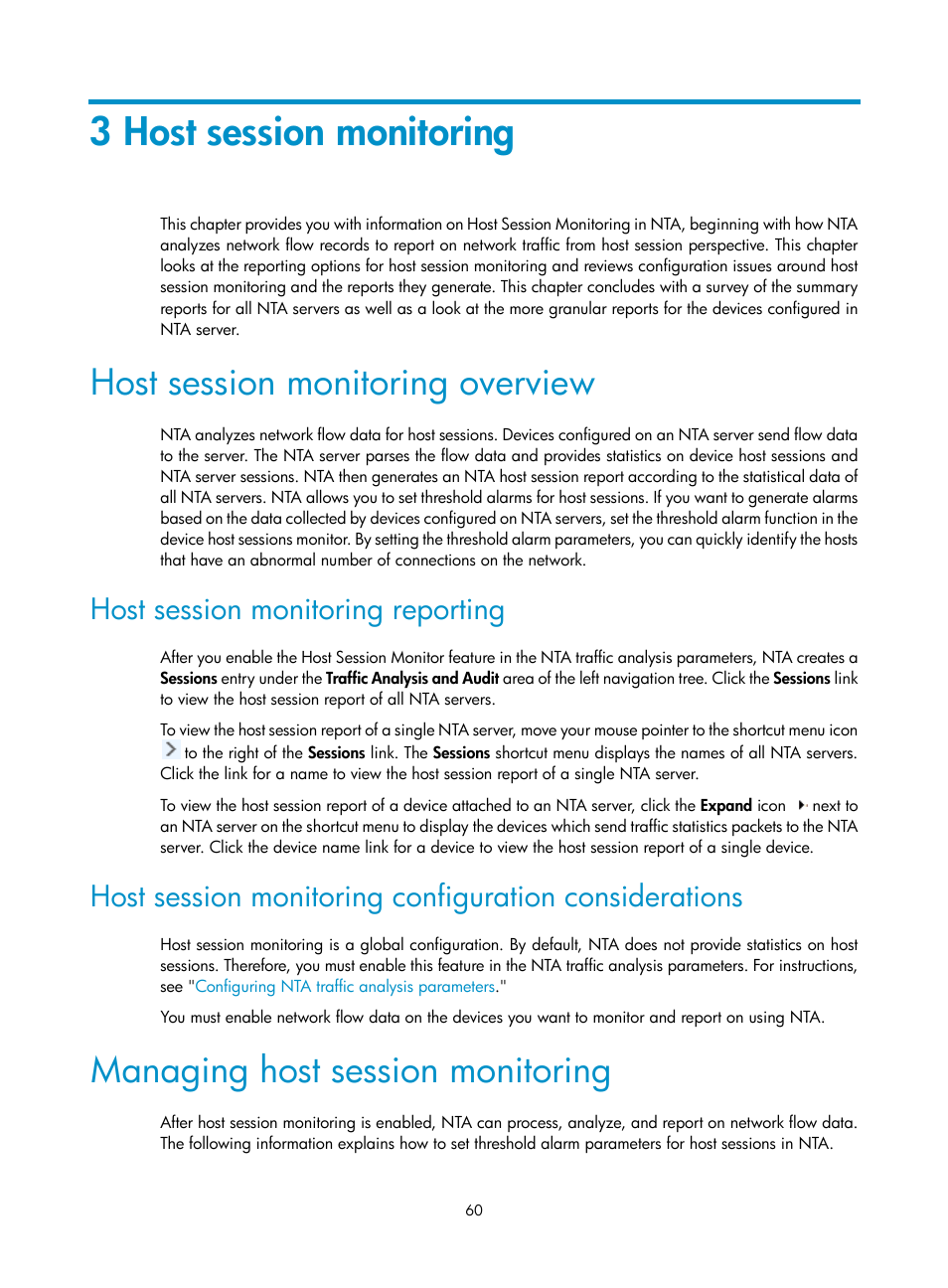 3 host session monitoring, Host session monitoring overview, Host session monitoring reporting | Managing host session monitoring | H3C Technologies H3C Intelligent Management Center User Manual | Page 70 / 371