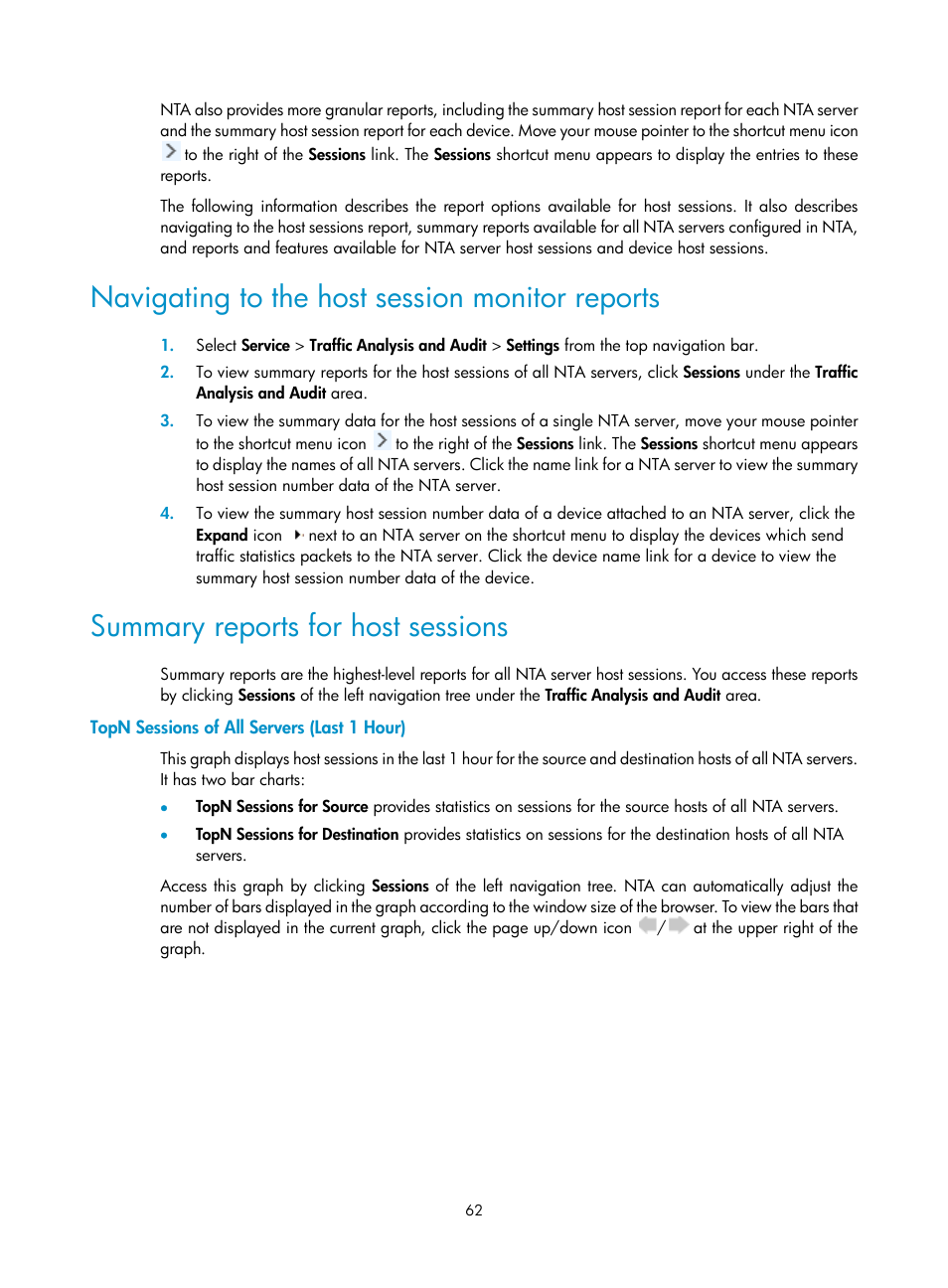 Navigating to the host session monitor reports, Summary reports for host sessions, Topn sessions of all servers (last 1 hour) | H3C Technologies H3C Intelligent Management Center User Manual | Page 72 / 371