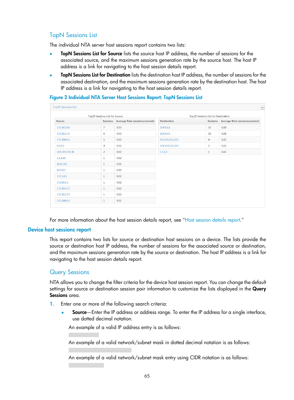 Topn sessions list, Device host sessions report, Query sessions | H3C Technologies H3C Intelligent Management Center User Manual | Page 75 / 371