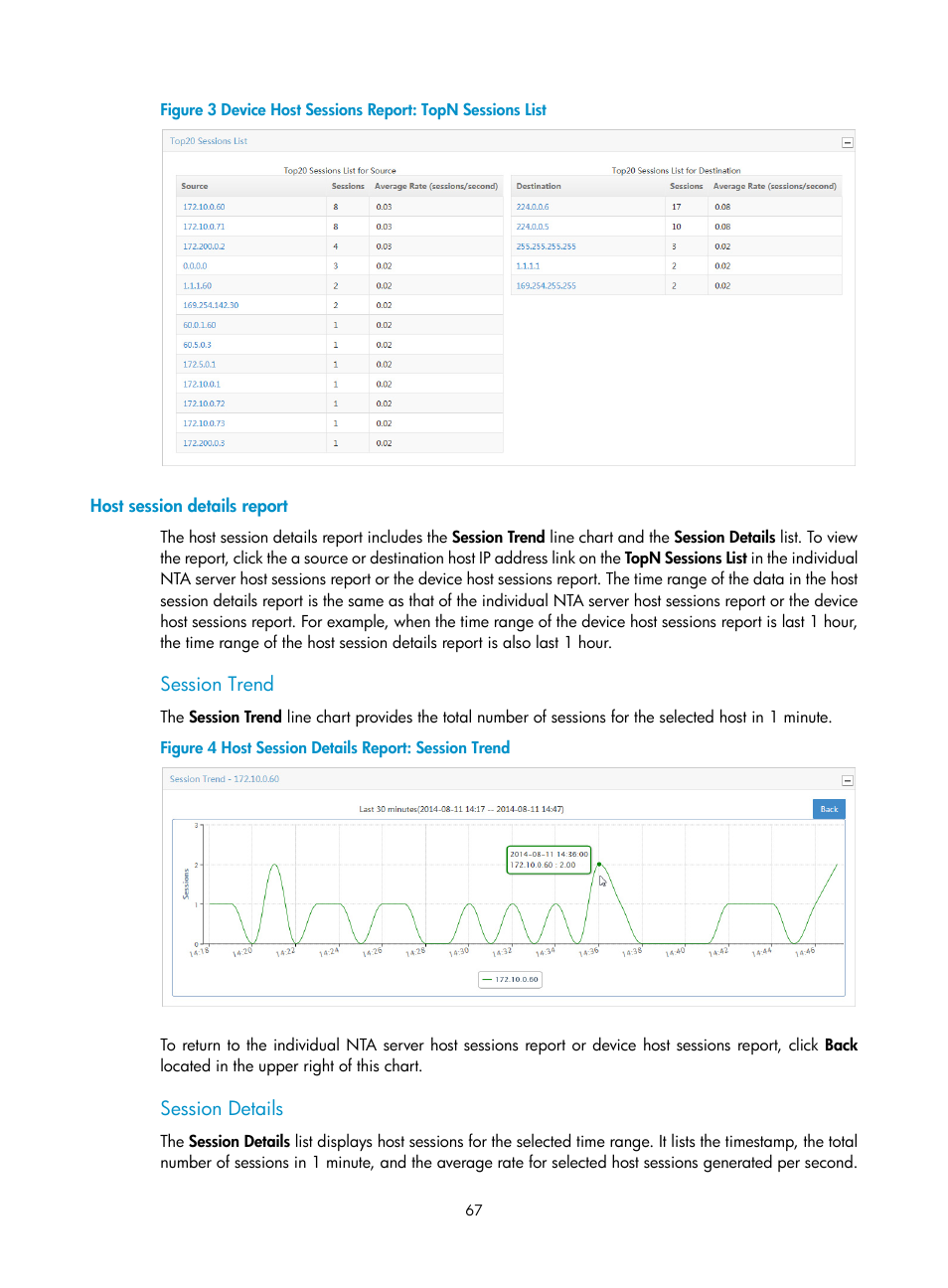 Host session details report, Session trend, Session details | H3C Technologies H3C Intelligent Management Center User Manual | Page 77 / 371