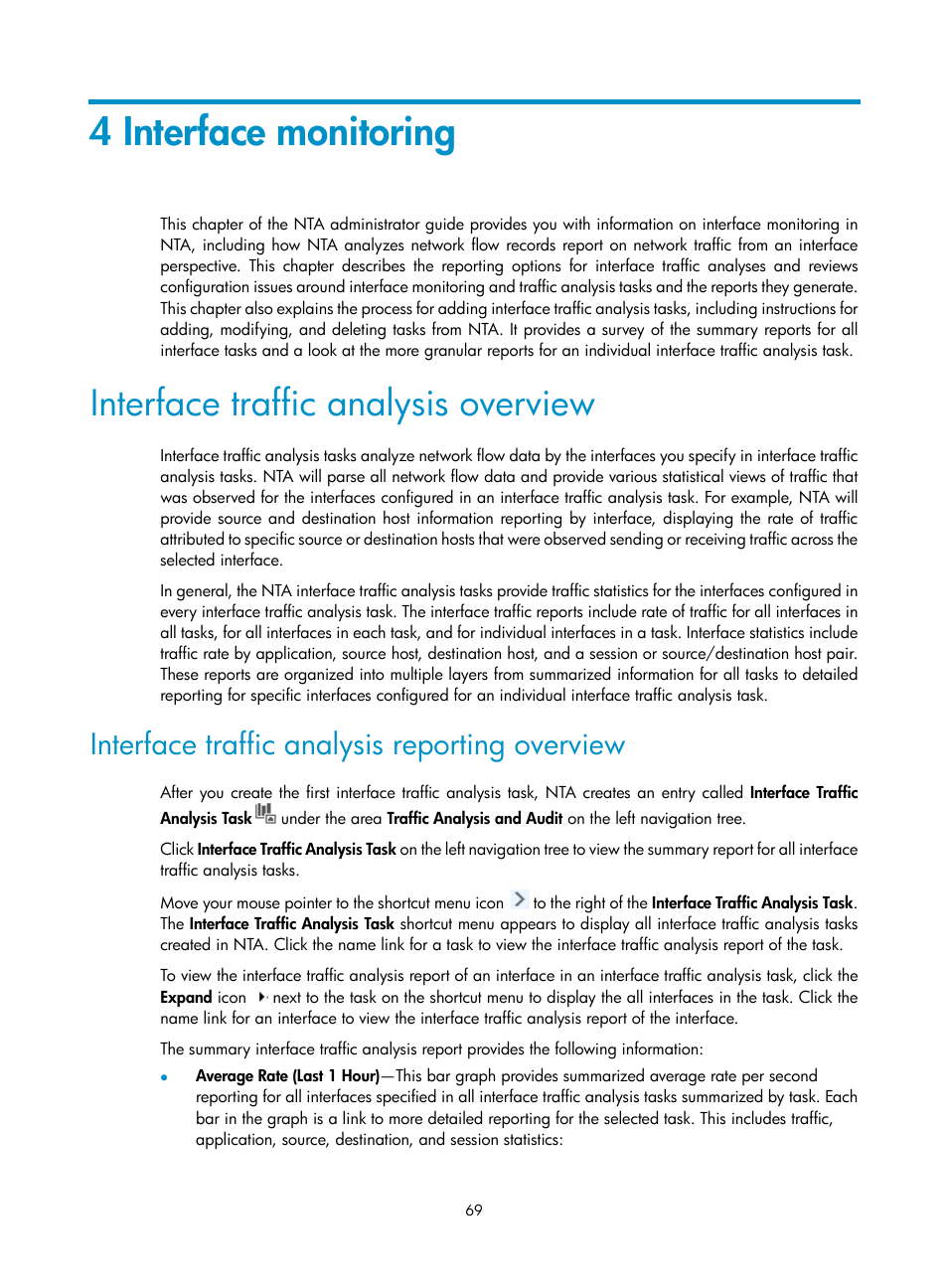 4 interface monitoring, Interface traffic analysis overview, Interface traffic analysis reporting overview | H3C Technologies H3C Intelligent Management Center User Manual | Page 79 / 371