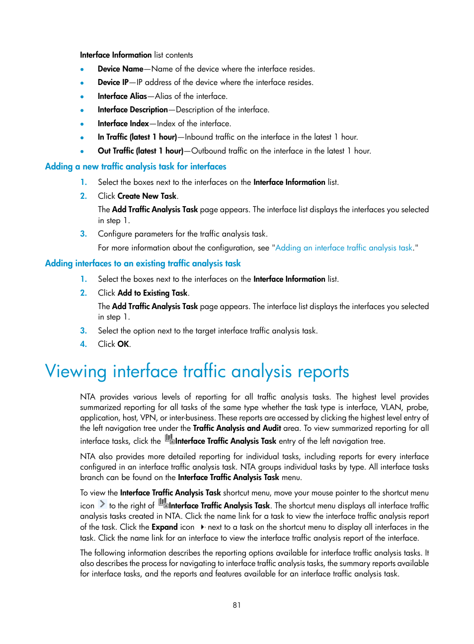 Adding a new traffic analysis task for interfaces, Viewing interface traffic analysis reports, Viewing | Interface traffic analysis reports | H3C Technologies H3C Intelligent Management Center User Manual | Page 91 / 371