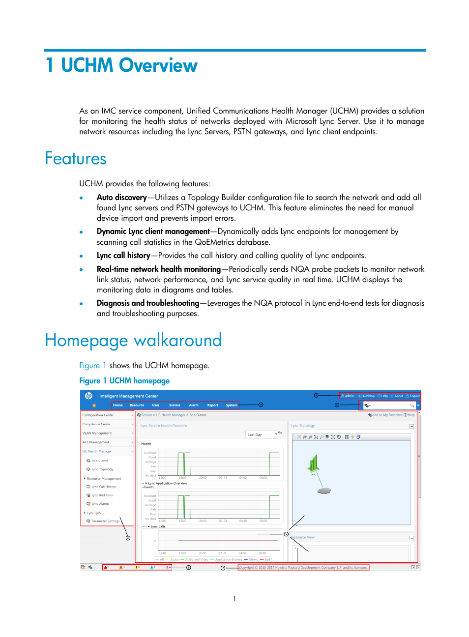 1 uchm overview, Features, Homepage walkaround | H3C Technologies H3C Intelligent Management Center User Manual | Page 10 / 78