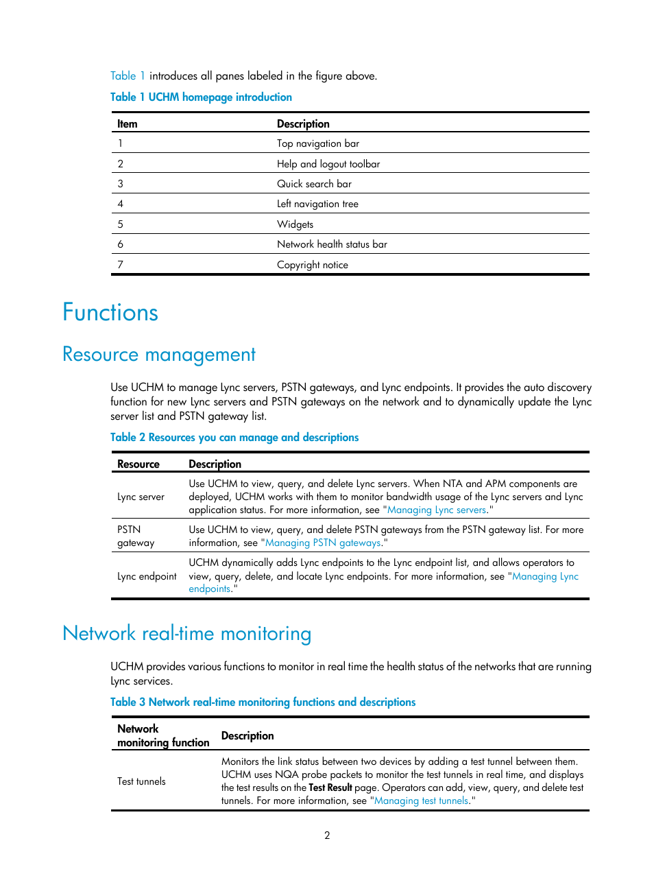 Functions, Resource management, Network real-time monitoring | H3C Technologies H3C Intelligent Management Center User Manual | Page 11 / 78