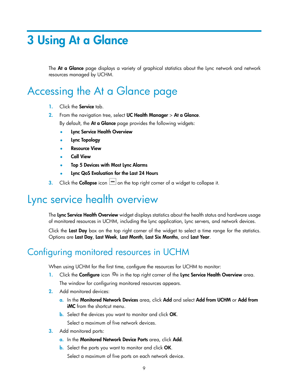 3 using at a glance, Lync service health overview, Configuring monitored resources in uchm | Ation, see, Accessing the at a glance page | H3C Technologies H3C Intelligent Management Center User Manual | Page 18 / 78