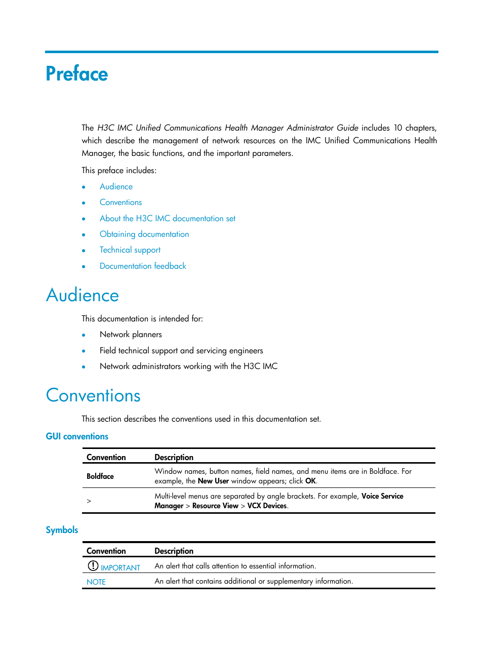 Preface, Audience, Conventions | Gui conventions, Symbols | H3C Technologies H3C Intelligent Management Center User Manual | Page 3 / 78
