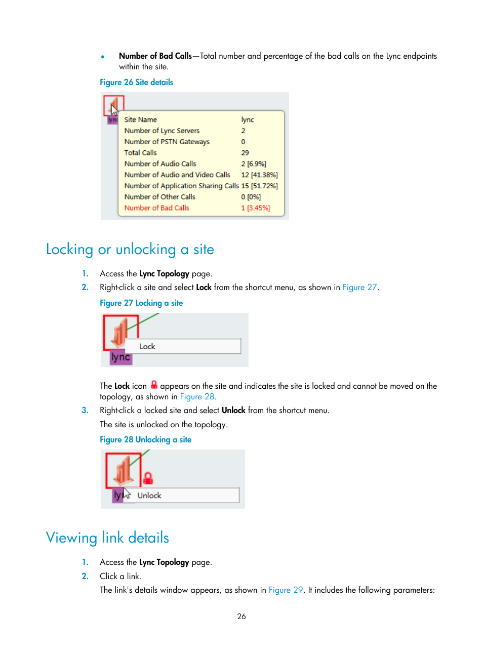 Locking or unlocking a site, Viewing link details | H3C Technologies H3C Intelligent Management Center User Manual | Page 35 / 78