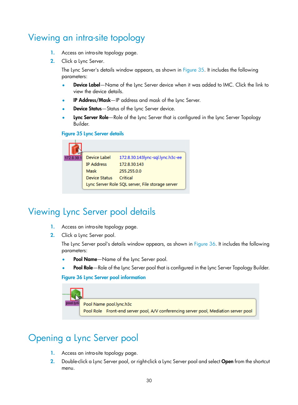 Viewing an intra-site topology, Viewing lync server pool details, Opening a lync server pool | H3C Technologies H3C Intelligent Management Center User Manual | Page 39 / 78