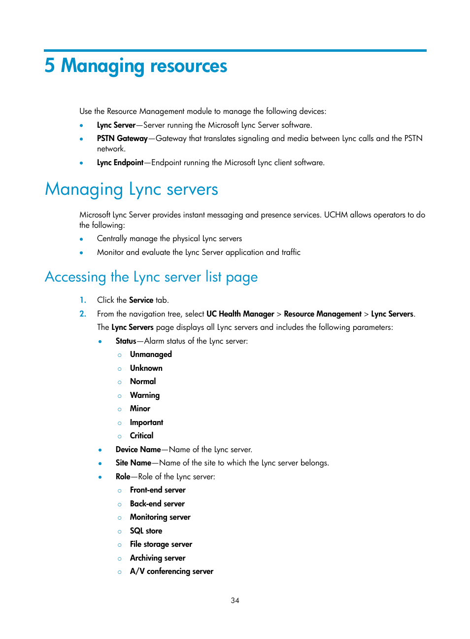 5 managing resources, Managing lync servers, Managing resources | Accessing the lync server list page | H3C Technologies H3C Intelligent Management Center User Manual | Page 43 / 78
