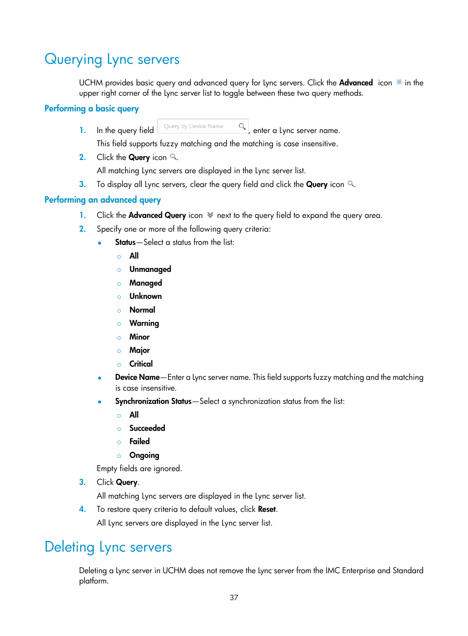 Querying lync servers, Performing a basic query, Performing an advanced query | Deleting lync servers | H3C Technologies H3C Intelligent Management Center User Manual | Page 46 / 78