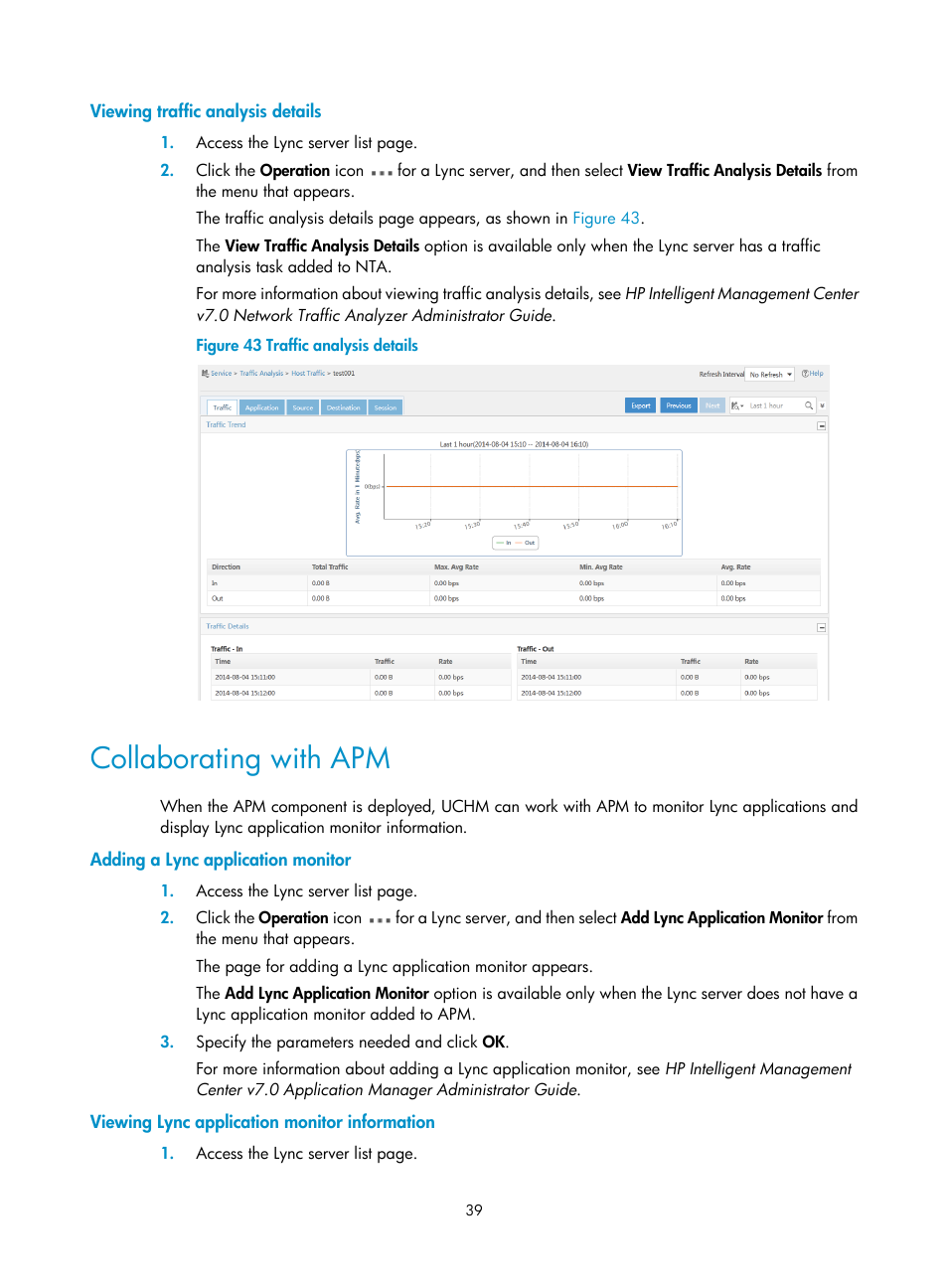 Viewing traffic analysis details, Collaborating with apm, Adding a lync application monitor | Viewing lync application monitor information | H3C Technologies H3C Intelligent Management Center User Manual | Page 48 / 78