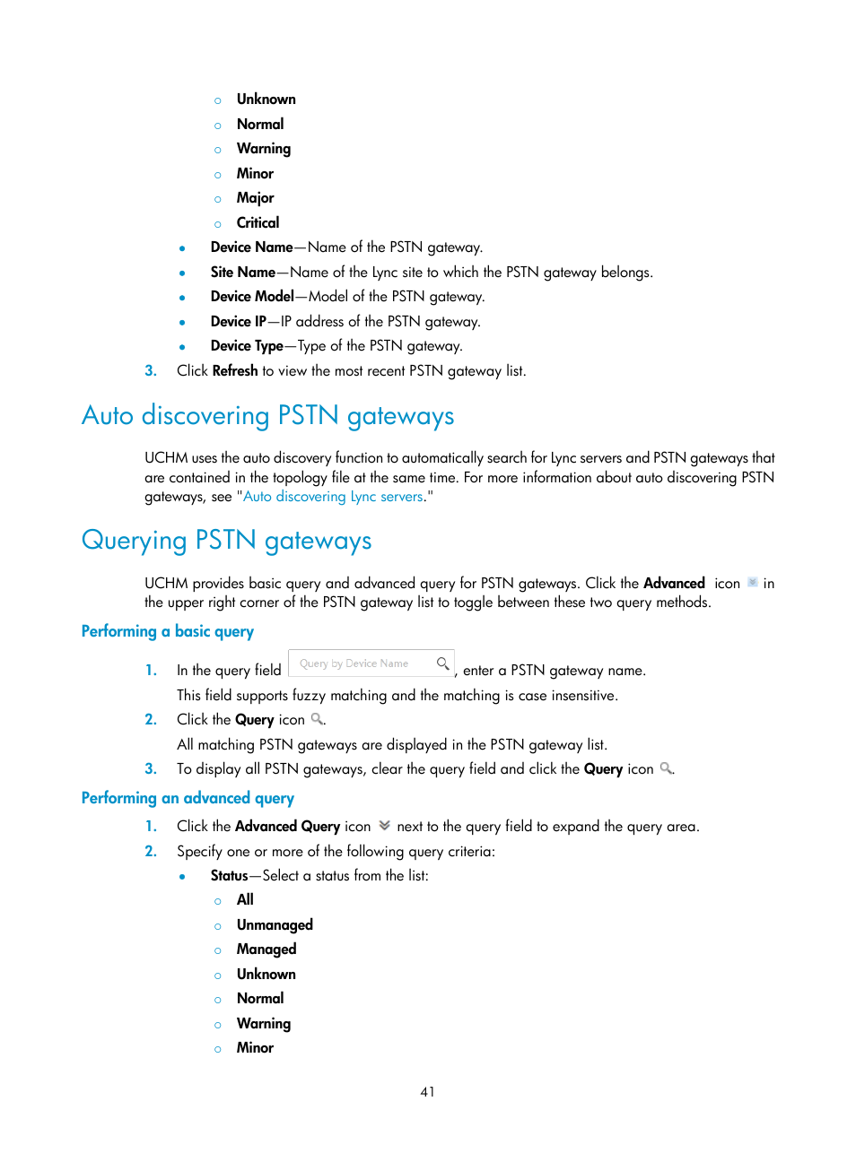 Auto discovering pstn gateways, Querying pstn gateways, Performing a basic query | Performing an advanced query | H3C Technologies H3C Intelligent Management Center User Manual | Page 50 / 78