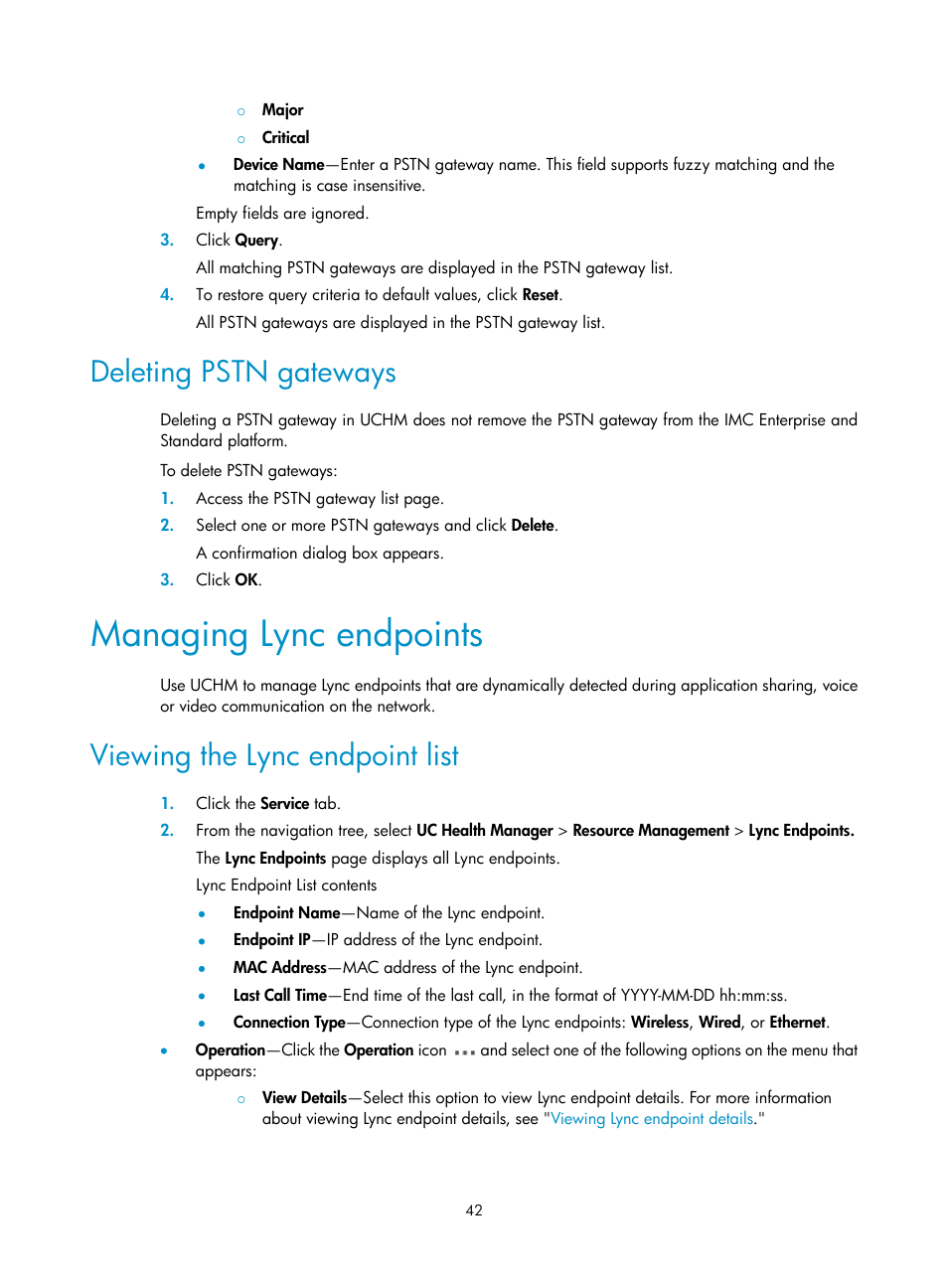 Deleting pstn gateways, Managing lync endpoints, Viewing the lync endpoint list | Ation, see, Managing lync, Endpoints | H3C Technologies H3C Intelligent Management Center User Manual | Page 51 / 78
