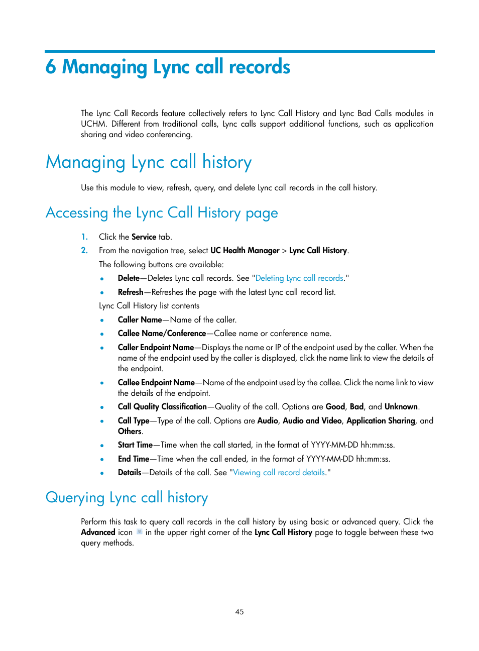 6 managing lync call records, Managing lync call history, Querying lync call history | Accessing the lync call history page | H3C Technologies H3C Intelligent Management Center User Manual | Page 54 / 78
