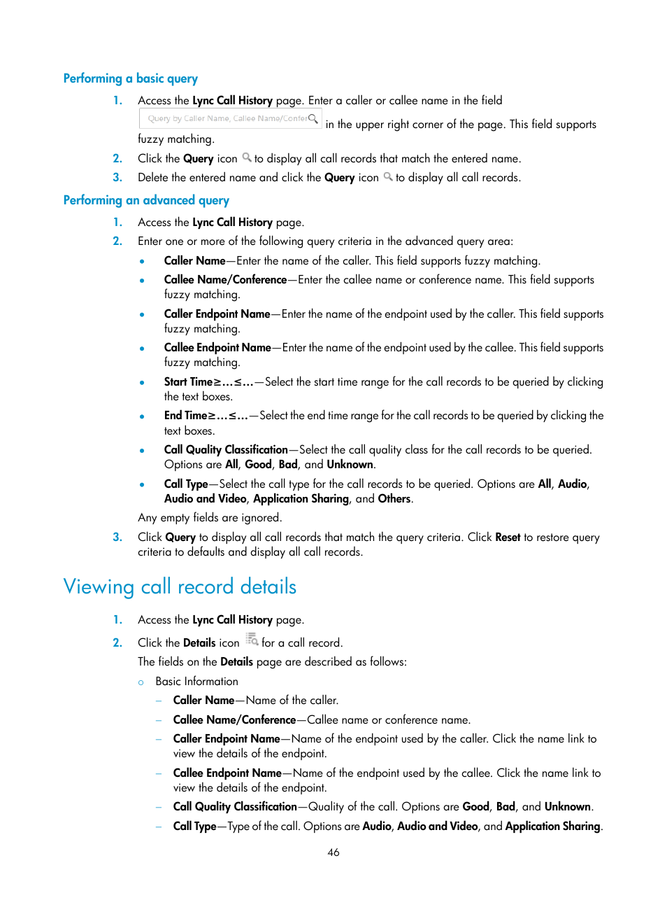 Performing a basic query, Performing an advanced query, Viewing call record details | H3C Technologies H3C Intelligent Management Center User Manual | Page 55 / 78