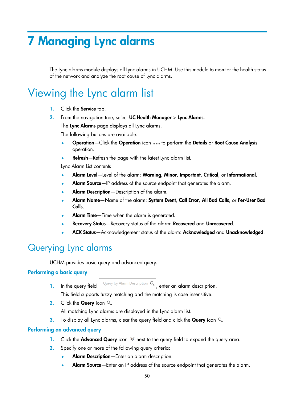 7 managing lync alarms, Viewing the lync alarm list, Querying lync alarms | Performing a basic query, Performing an advanced query | H3C Technologies H3C Intelligent Management Center User Manual | Page 59 / 78