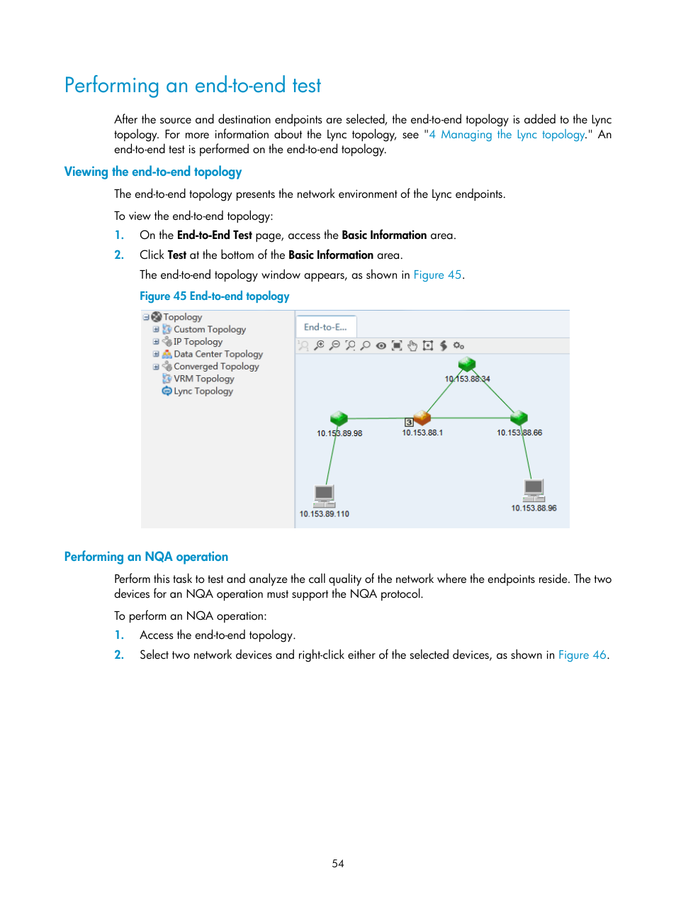Performing an end-to-end test, Viewing the end-to-end topology, Performing an nqa operation | H3C Technologies H3C Intelligent Management Center User Manual | Page 63 / 78