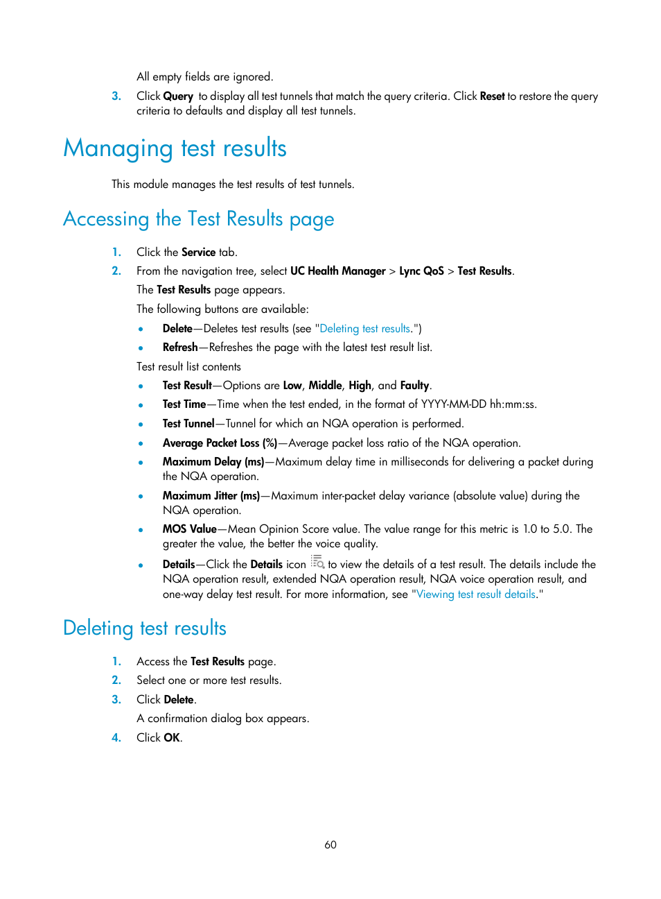 Managing test results, Deleting test results, Ation, see | Accessing the test results page | H3C Technologies H3C Intelligent Management Center User Manual | Page 69 / 78