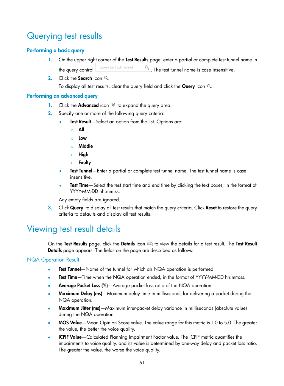 Querying test results, Performing a basic query, Performing an advanced query | Viewing test result details | H3C Technologies H3C Intelligent Management Center User Manual | Page 70 / 78