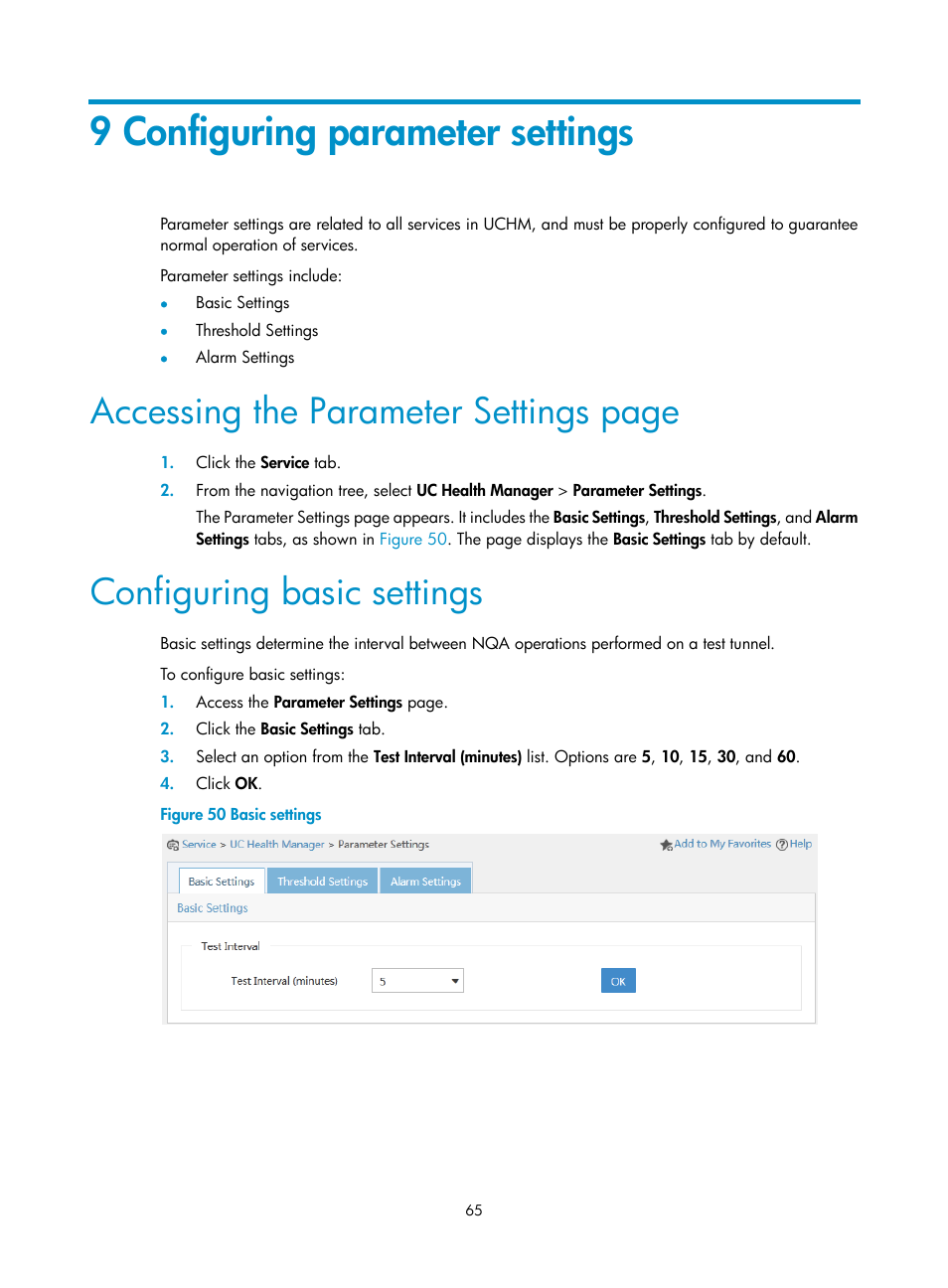 9 configuring parameter settings, Configuring basic settings, Accessing the parameter settings page | H3C Technologies H3C Intelligent Management Center User Manual | Page 74 / 78
