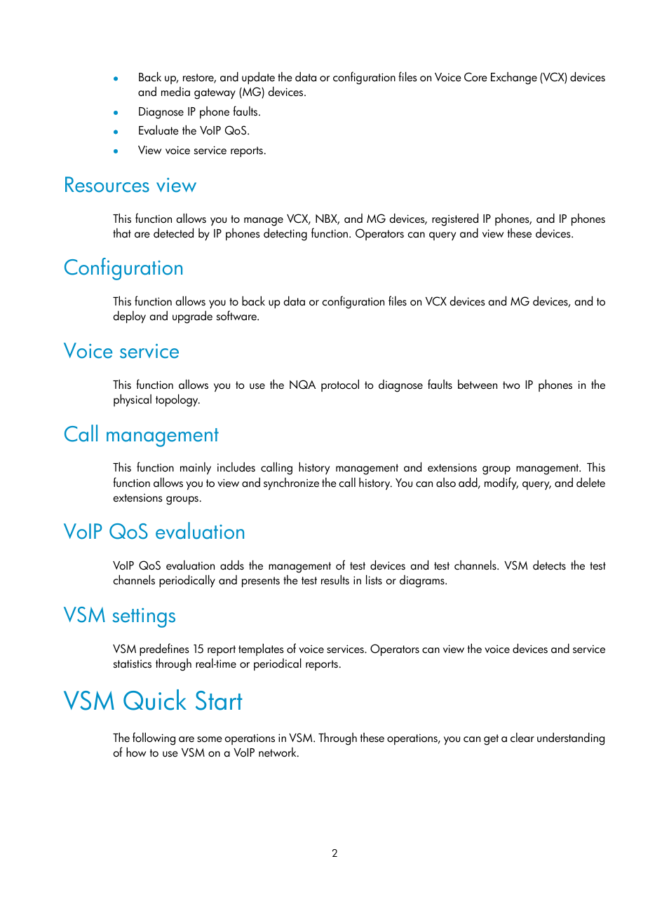 Resources view, Configuration, Voice service | Call management, Voip qos evaluation, Vsm settings, Vsm quick start | H3C Technologies H3C Intelligent Management Center User Manual | Page 11 / 145