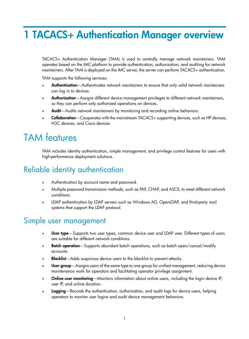 1 tacacs+ authentication manager overview, Tam features, Reliable identity authentication | Simple user management | H3C Technologies H3C Intelligent Management Center User Manual | Page 10 / 137