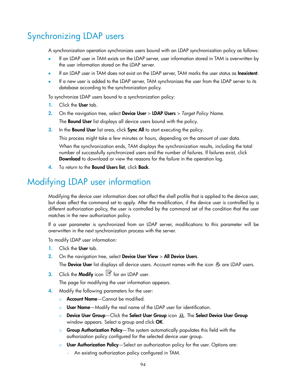 Synchronizing ldap users, Modifying ldap user information | H3C Technologies H3C Intelligent Management Center User Manual | Page 103 / 137