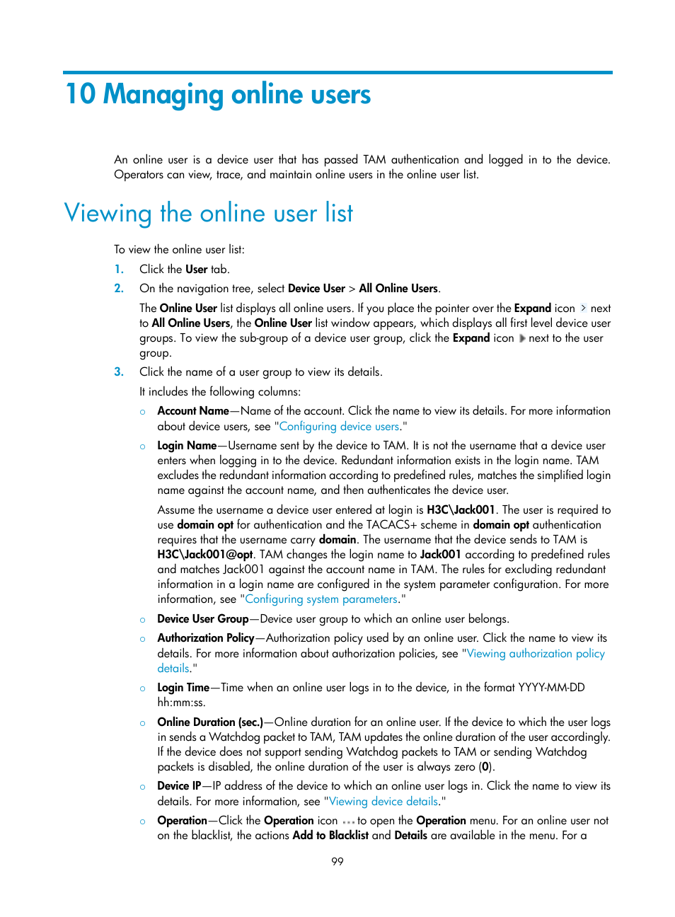 10 managing online users, Viewing the online user list | H3C Technologies H3C Intelligent Management Center User Manual | Page 108 / 137