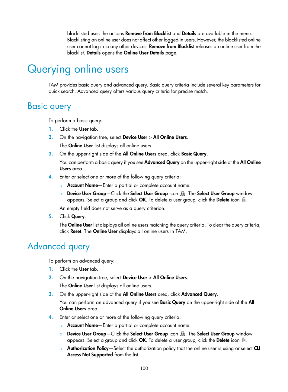 Querying online users, Basic query, Advanced query | H3C Technologies H3C Intelligent Management Center User Manual | Page 109 / 137