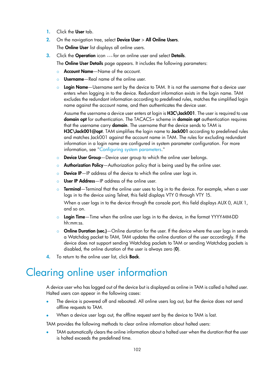 Clearing online user information | H3C Technologies H3C Intelligent Management Center User Manual | Page 111 / 137