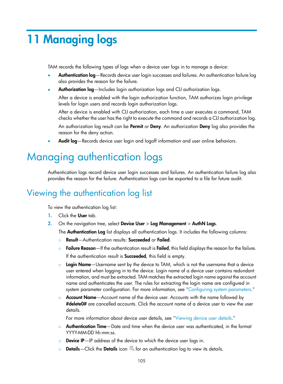 11 managing logs, Managing authentication logs, Viewing the authentication log list | H3C Technologies H3C Intelligent Management Center User Manual | Page 114 / 137