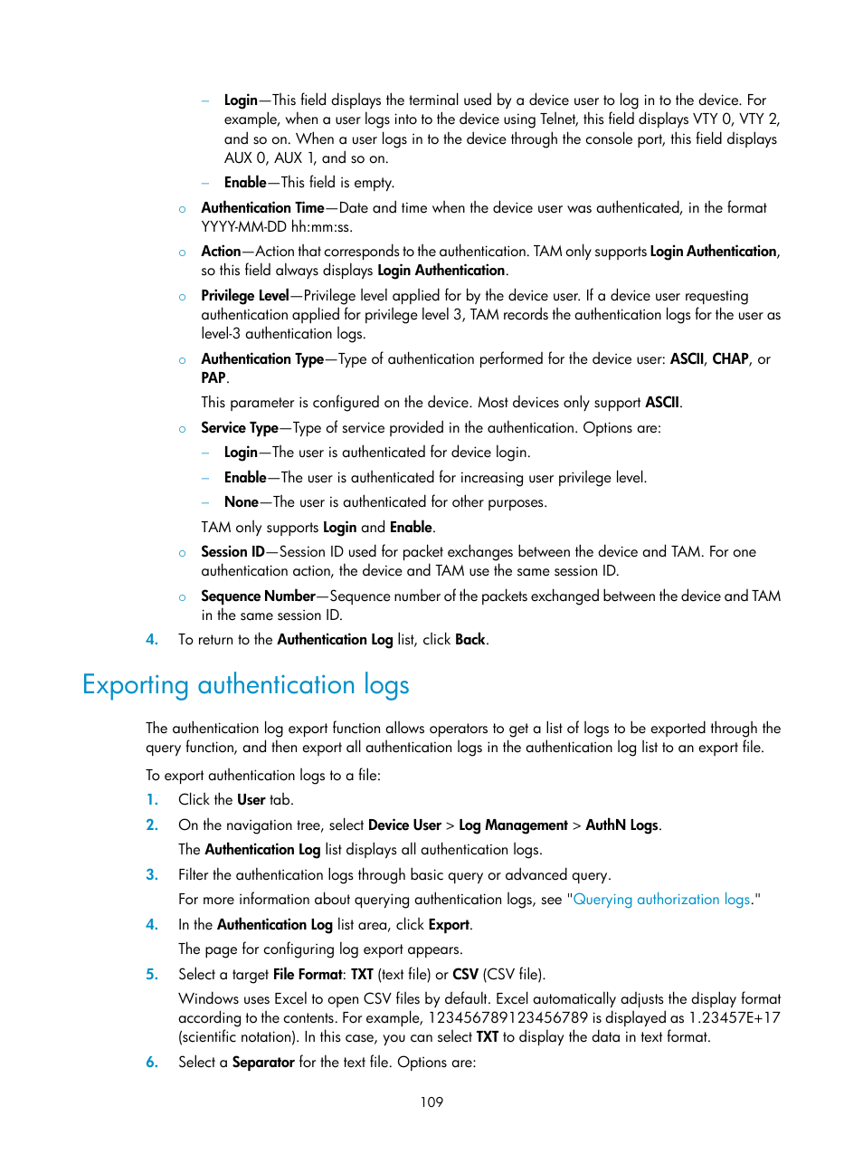 Exporting authentication logs | H3C Technologies H3C Intelligent Management Center User Manual | Page 118 / 137