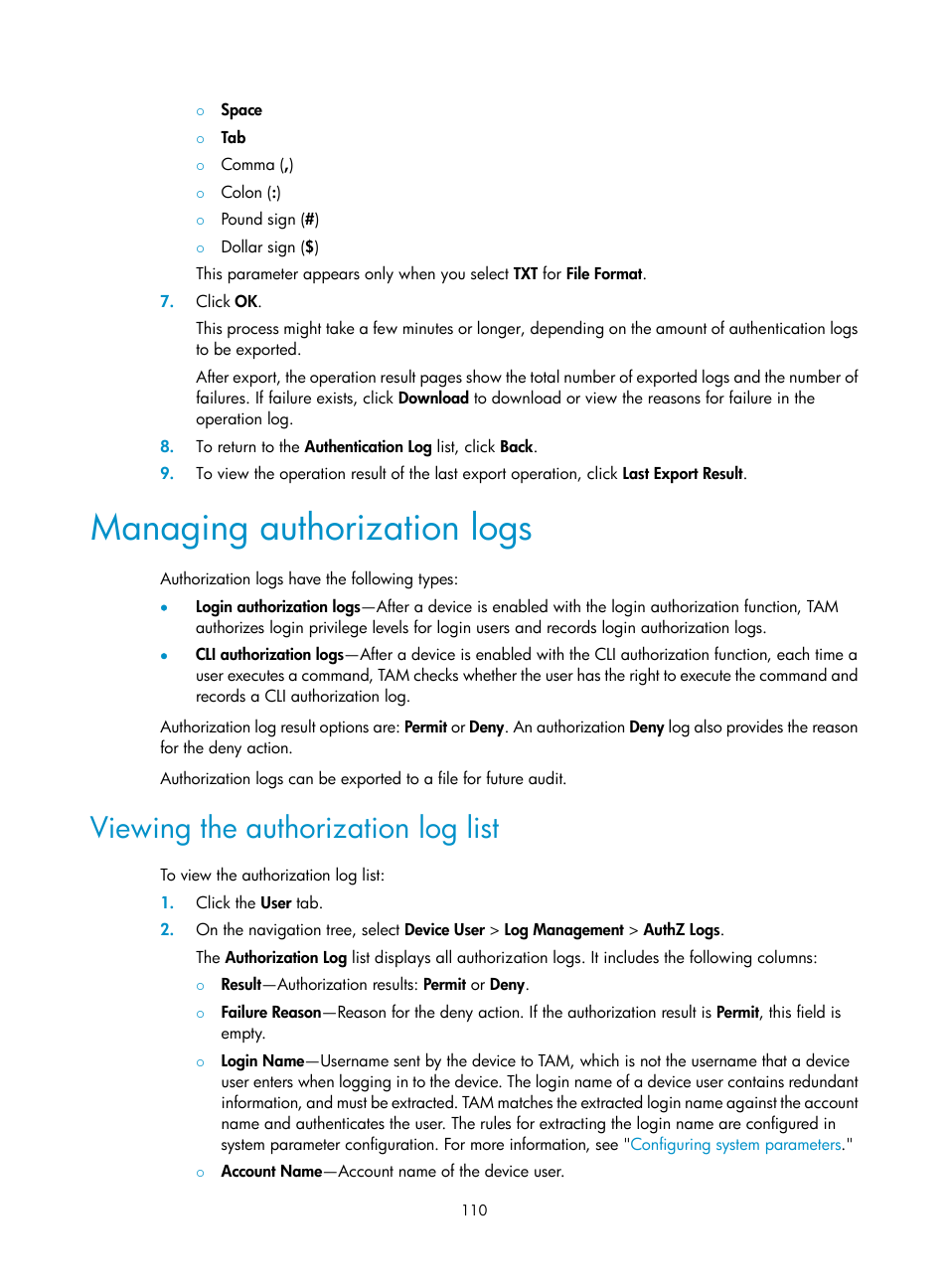 Managing authorization logs, Viewing the authorization log list | H3C Technologies H3C Intelligent Management Center User Manual | Page 119 / 137