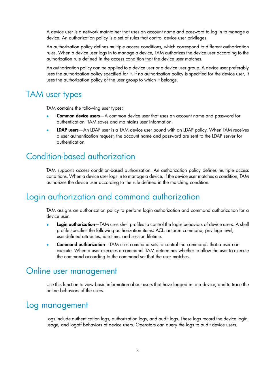 Tam user types, Condition-based authorization, Login authorization and command authorization | Online user management, Log management | H3C Technologies H3C Intelligent Management Center User Manual | Page 12 / 137