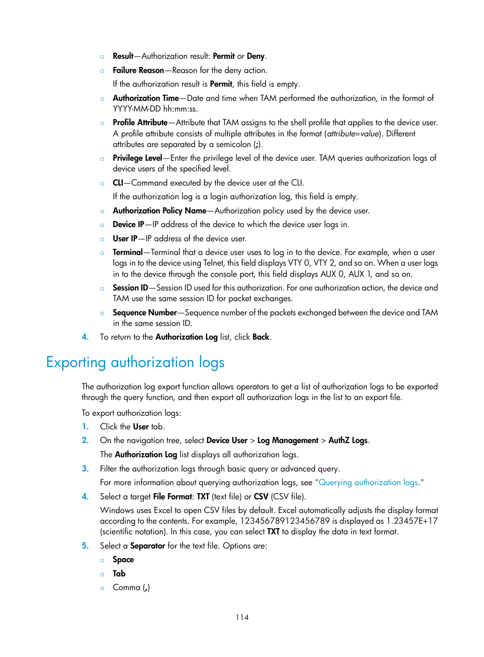 Exporting authorization logs | H3C Technologies H3C Intelligent Management Center User Manual | Page 123 / 137