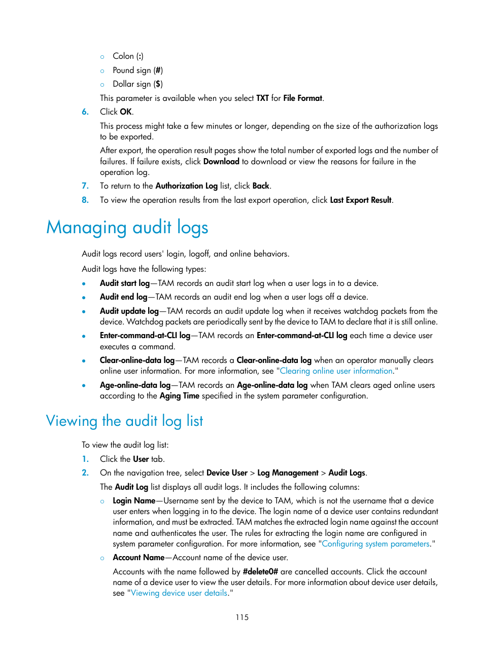 Managing audit logs, Viewing the audit log list | H3C Technologies H3C Intelligent Management Center User Manual | Page 124 / 137